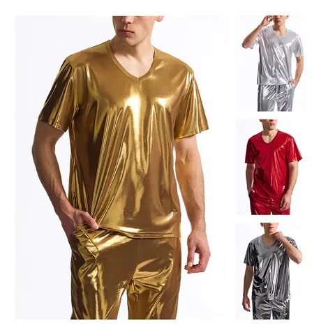 Set Top e Pantaloni a Maniche Corte con Scollo a V Lucido Metallizzato da Uomo Costume per Festa Disco e Scena