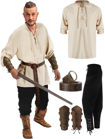 Costume de Pirate Renaissance Médiéval pour Hommes Haut et Bas Halloween Vintage Chemise Pantalon Ceinture Bracelets Tenue Cosplay