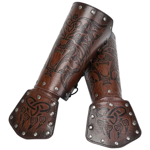 Medieval Viking Embossed Wolf Tiger Head Bracers Faux Leather Arm Guards Knight Cosplay Stage Costume Accessories