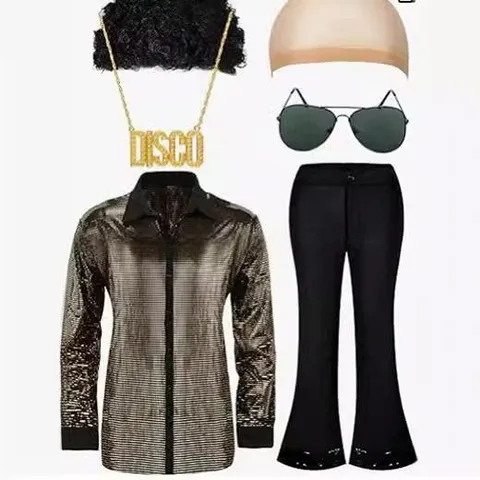 Set Costumino Disco Anni Settanta Vintage Da Uomo Camicia A Manica Lunga Con Paillettes E Pantaloni A Zampa Per Festa Palcoscenico