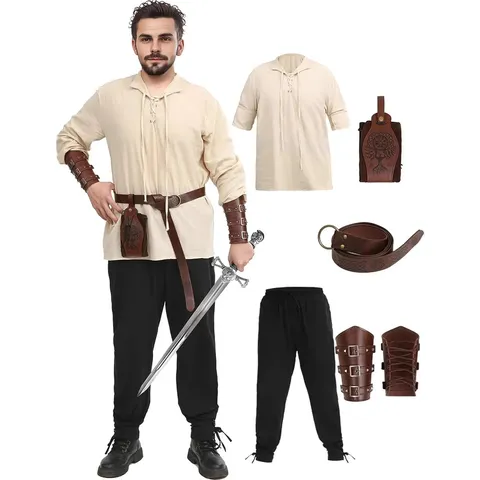 Ensemble Costume Médiéval Renaissance Homme Chemise Pirate Pantalon à Revers Ceinture Bracelets Sac Tenue Cosplay Halloween