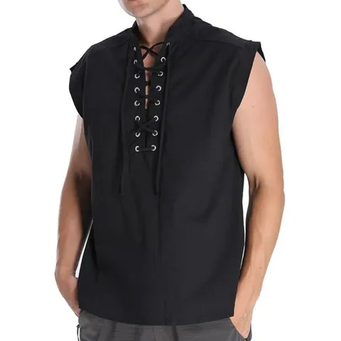 Men Vintage Medieval Renaissance Vest Sleeveless Lace Up Stand Collar Linen Blend Waistcoat Cosplay Costume