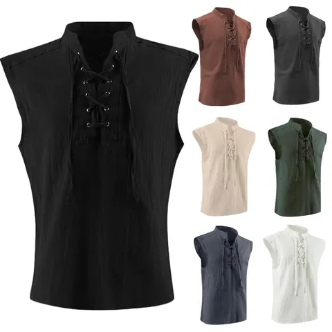 Men Vintage Medieval Renaissance Vest Sleeveless Lace Up Stand Collar Linen Blend Waistcoat Cosplay Costume
