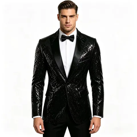 Men's Fashion Sequin Suit Jacket Single Button Blazer Shimmering Metallic Stage Performance Party Prom Outerwear