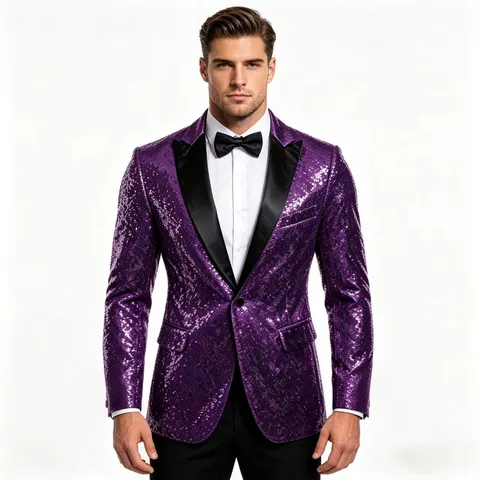Chaqueta de Traje de Lentejuelas para Hombre Mezcla de Algodón Manga Larga Blazer Un Botón para Fiesta
