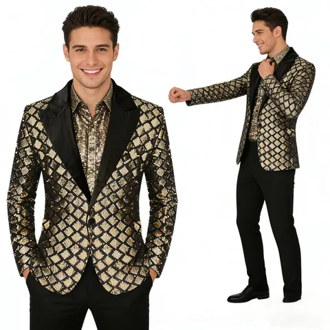 Men Diamond Sequin Peak Lapel Single-Breasted Suit Jacket European Fashion Slim Fit Blazer For Stage Banquet