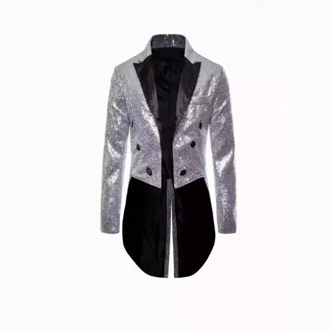 Men's Sequined Tuxedo Tailcoat Stage Performance Party Blazer Jacket Polyester Black Lapel