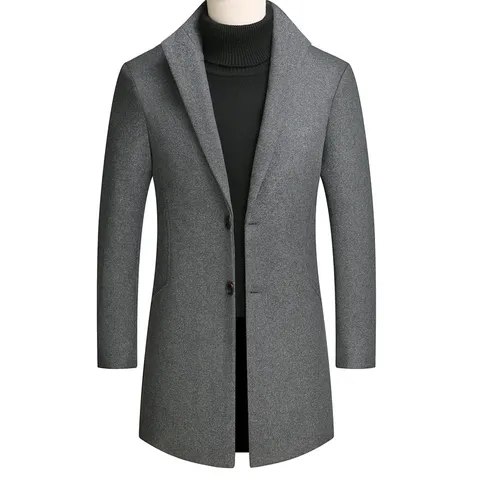Men's Slim Fit Wool Blend Mid Length Trench Coat Winter Casual Single Breasted Lapel Overcoat