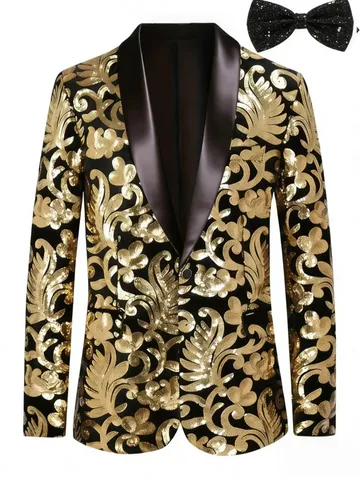 Men's Velvet Sequin Shawl Lapel Blazer Jacket Floral Print Single Button Suit Outerwear For Stage Performance Party Nightclub