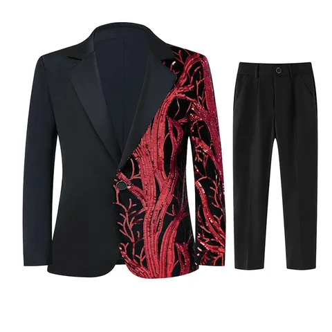 Boys Sequined Tree Branch Pattern Suit Jacket And Pants Set Children Official Party Performance Blazer Trousers Outfit