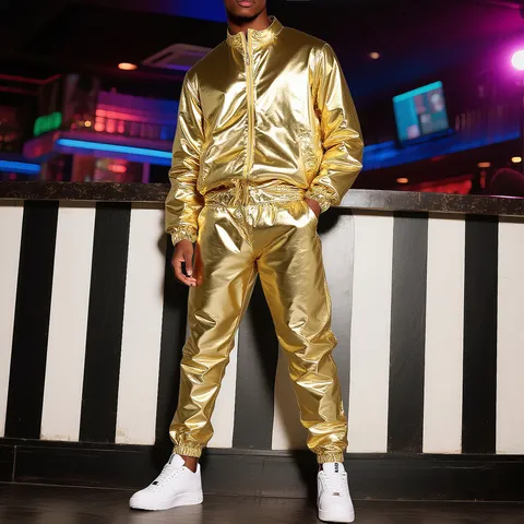 Men Metallic Glossy Zip Stand Collar Jacket And Long Pants Set Stage Party Performance Outfit Fashion Outerwear