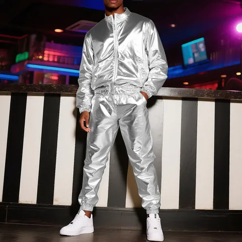 Men Metallic Glossy Zip Stand Collar Jacket And Long Pants Set Stage Party Performance Outfit Fashion Outerwear
