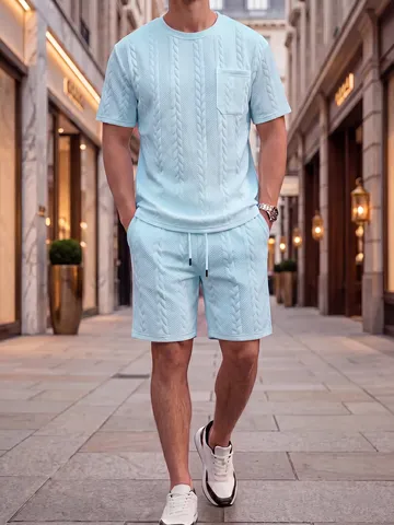 Men's Summer Casual Waffle Jacquard Short Sleeve T-Shirt And Shorts Two Piece Tracksuits Set Polyester Sportswear