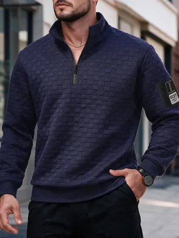 Men's Quarter Zip Stand Collar Waffle Knit Sweatshirt Long Sleeve Casual Pullover Slim Fit Autumn Top