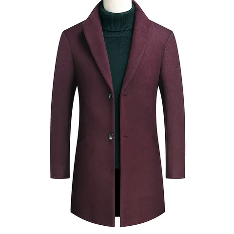 Men's Slim Fit Wool Blend Mid Length Trench Coat Winter Casual Single Breasted Lapel Overcoat