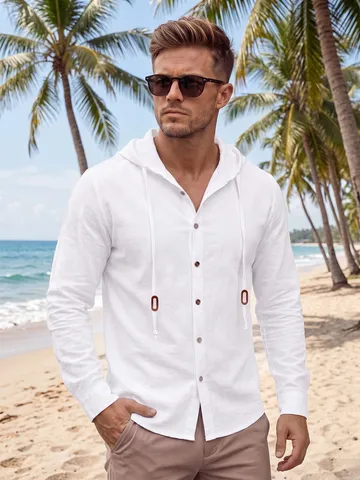 Chemise Cardigan à Capuche en Mélange de Lin Manches Longues Décontractée pour Hommes Multi-Boutons Couleur Unie Coupe Ample Printemps Automne