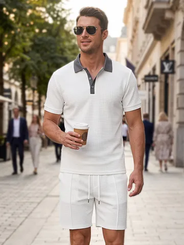 Set Polo e Pantaloncini in Maglia Waffle da Uomo Casual Manica Corta Colletto Abbassato Colorblock Completo Sportivo