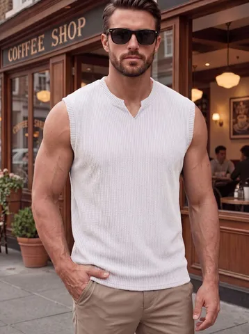 Men's Summer Knitted Vertical Striped Tank Top V Neck Wide Shoulder Slim Fit Vest For Gym Fitness Casual Sports Sleeveless Top