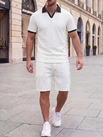 Men Summer Casual Two Piece Set Short Sleeve Polo Collar Jacquard T Shirt And Drawstring Cargo Shorts Sportswear Outfit