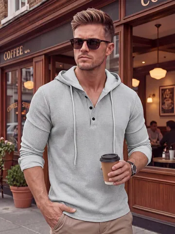 Andró Casual Waffle Knit Hoodie Henley Shirt Vintage Makry Mániki Monóchromo Pullover Top