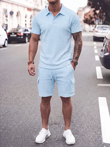 Men's Casual Sports Suit Turn Down Collar Jacquard Short Sleeve POLO Shirt And Cargo Shorts Set Fashion Outfit
