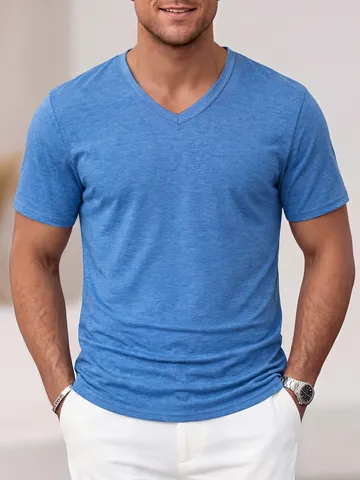 Men's Casual Solid Color V Neck Short Sleeve T Shirt Basic Slim Fit Summer Top