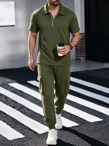 Men Casual Waffle Knit Zip Polo Shirt And Cargo Pants Top And Bottom Solid Color Short Sleeve Top Long Trousers
