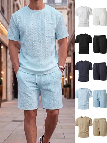 Men's Summer Casual Waffle Jacquard Short Sleeve T-Shirt And Shorts Two Piece Tracksuits Set Polyester Sportswear