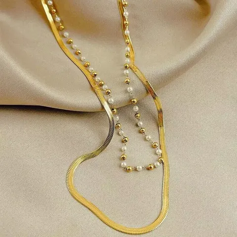 Luxus Edelstahl Künstliche Perle Doppelschichtige Halskette Gold Galvanisierte Klingenkette Schichthalskette Schmuck Für Damen Lässig Täglich Geschenk