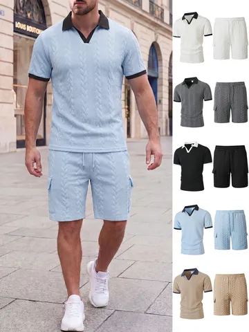 Men Summer Casual Two Piece Set Short Sleeve Polo Collar Jacquard T Shirt And Drawstring Cargo Shorts Sportswear Outfit