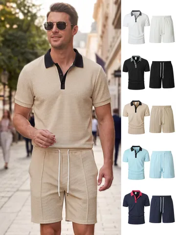 Set Polo e Pantaloncini in Maglia Waffle da Uomo Casual Manica Corta Colletto Abbassato Colorblock Completo Sportivo