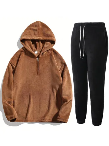 Completo Casual da Uomo in Pile Corale con Felpa con Cappuccio e Pantaloni Mezza Zip Manica Lunga Tuta Calda Invernale