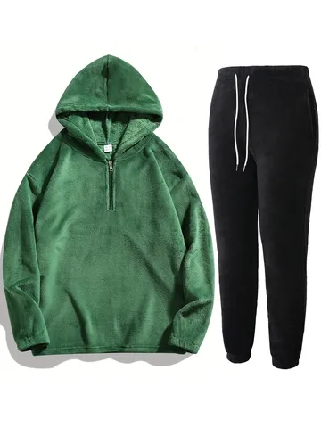 Completo Casual da Uomo in Pile Corale con Felpa con Cappuccio e Pantaloni Mezza Zip Manica Lunga Tuta Calda Invernale