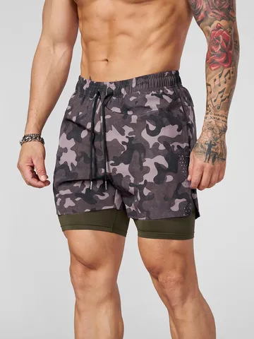 Short de Sport Camouflage pour Hommes Séchage Rapide Double Couche Doublure de Compression Cordon Jogging Bas Décontractés