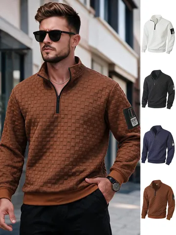 Men's Quarter Zip Stand Collar Waffle Knit Sweatshirt Long Sleeve Casual Pullover Slim Fit Autumn Top