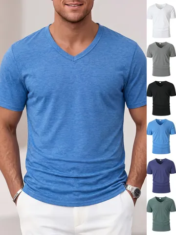 Men's Casual Solid Color V Neck Short Sleeve T Shirt Basic Slim Fit Summer Top