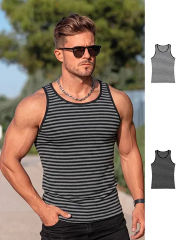 Men's Casual Striped Patchwork Tank Top Summer Slim Fit Breathable Crew Neck Sleeveless Vest