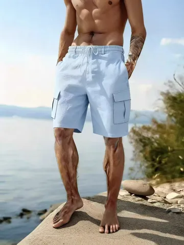 Men Casual Linen Cotton Cargo Shorts Summer Solid Color Drawstring Elastic Waist Beach Shorts