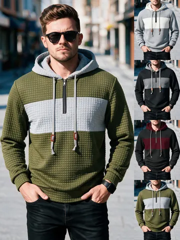 Anδρικό Casual Color Block Waffle Knit Hoodie Μακρυμάνικο με Φερμουάρ Τέταρτου Pullover Sweatshirt για Άνοιξη Φθινόπωρο
