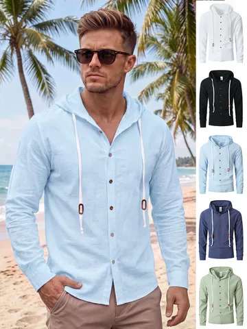 Chemise Cardigan à Capuche en Mélange de Lin Manches Longues Décontractée pour Hommes Multi-Boutons Couleur Unie Coupe Ample Printemps Automne