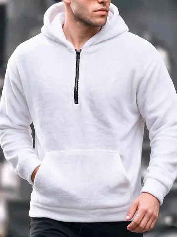 Herren Casual Korallenfleece Halb-Reißverschluss Kapuzenpullover Winter Warm Langarm Einifarbig Basic Locker Pullover Hoodie
