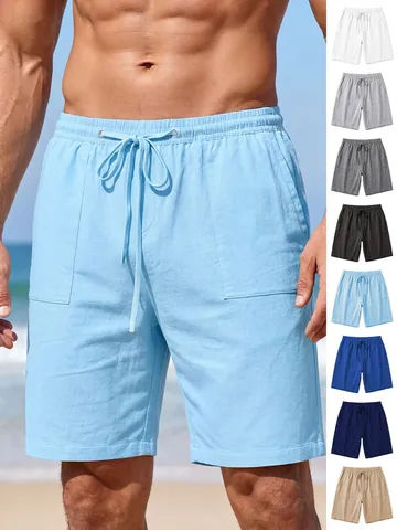 Shorts Décontractés en Mélange de Lin pour Hommes Été Couleur Unie Respirant Plage Sport Cordon de Serrage Coupe Ample