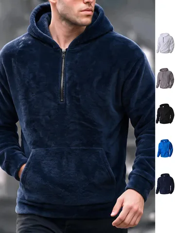Herren Casual Korallenfleece Halb-Reißverschluss Kapuzenpullover Winter Warm Langarm Einifarbig Basic Locker Pullover Hoodie