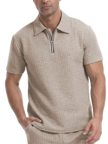 Herren Waffelstruktur Polo Shirt Halbreißverschluss Revers Kurzarm Casual Sport Top Einfarbig Atmungsaktiv Outdoor Bekleidung