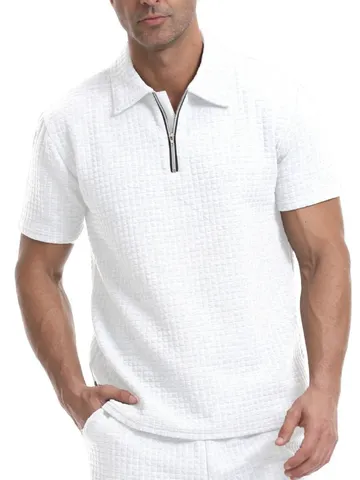 Herren Waffelstruktur Polo Shirt Halbreißverschluss Revers Kurzarm Casual Sport Top Einfarbig Atmungsaktiv Outdoor Bekleidung