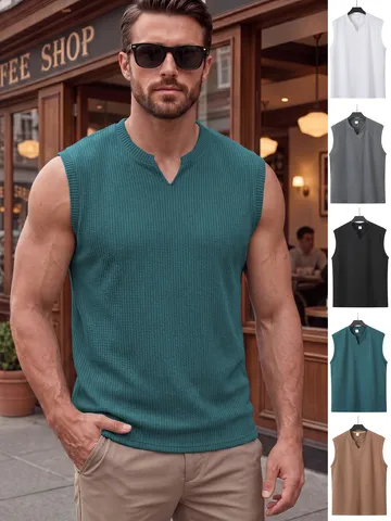 Men's Summer Knitted Vertical Striped Tank Top V Neck Wide Shoulder Slim Fit Vest For Gym Fitness Casual Sports Sleeveless Top