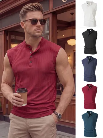 Men's Ribbed Knit Henley Tank Top Sleeveless Slim Fit Sports Vest With Buttons Summer Casual Polyester Spandex Top