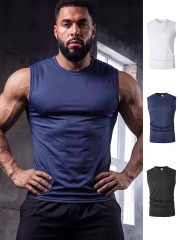 Canotta Sportiva da Uomo ad Asciugatura Rapida Senza Maniche Girocollo Gym Fitness Top Tinta Unita Vestibilità Slim Poliestere Spandex Canotta Atletica Abbigliamento Running
