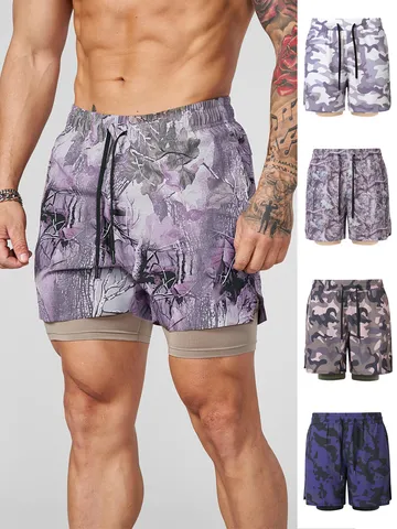 Short de Sport Camouflage pour Hommes Séchage Rapide Double Couche Doublure de Compression Cordon Jogging Bas Décontractés