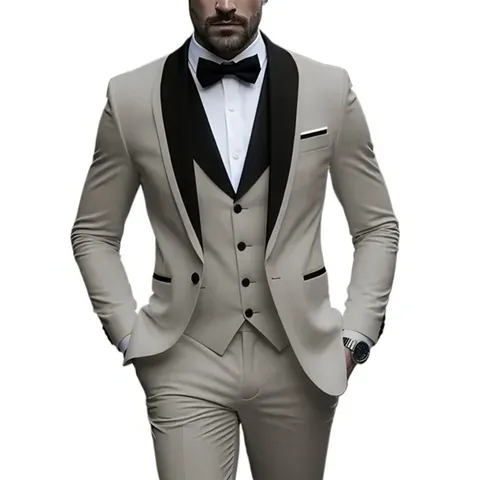 Men's Slim Fit 3-Piece Business Suit Set Shawl Lapel Wedding Tuxedo Jacket Vest Pants Groom Formal Wear Blazer Suit